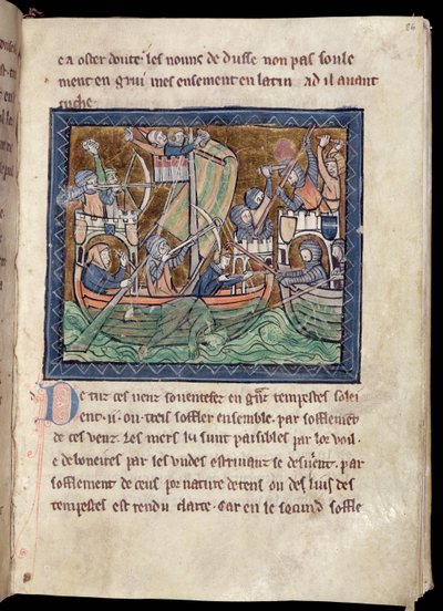 MS Marlay Add 1 f.86 Pagina met tekst en verlichting van een zeeslag, uit De Re Militari, c.1270 door French School
