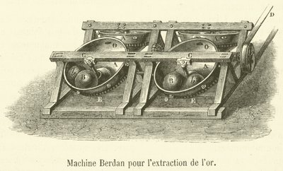 Machine Berdan voor goudwinning (gravure) door French School