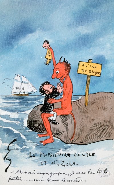 Mais oui, mon garcon, je veux bien te le preter..., cartoon met Zola en de Duivel op Duivelseiland die de Dreyfus-affaire bespreken door French School