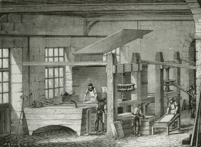 Papier maken met de hand door pulp te zeven in vormen. Gravure c1870. door French School