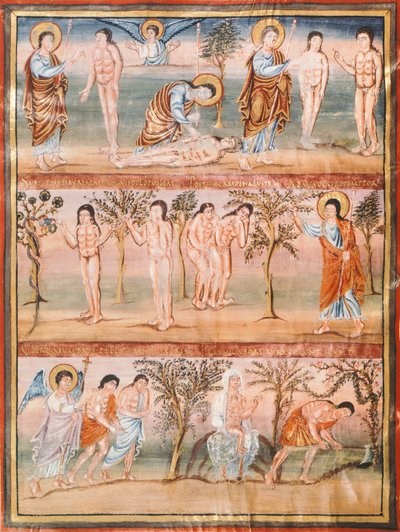 Manuscriptpagina met episodes uit het leven van Adam en Eva: schepping van Adam en Eva, de erfzonde, verdrijving uit het Paradijs door French School