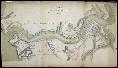 Kaart van de haven en het arsenaal van Brest in 1754 door French School