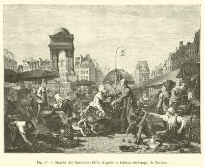 Markt van de Onschuldigen, 1810, naar een schilderij uit die tijd, van Tardieu door French School