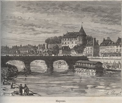 Mayenne is een gemeente in het westen van Frankrijk in de regio Pays de la Loire - gravure in "La France illustree: geografie, geschiedenis, administratieve statistiek" door V.-A. Malt-Brown. 1884 door French School