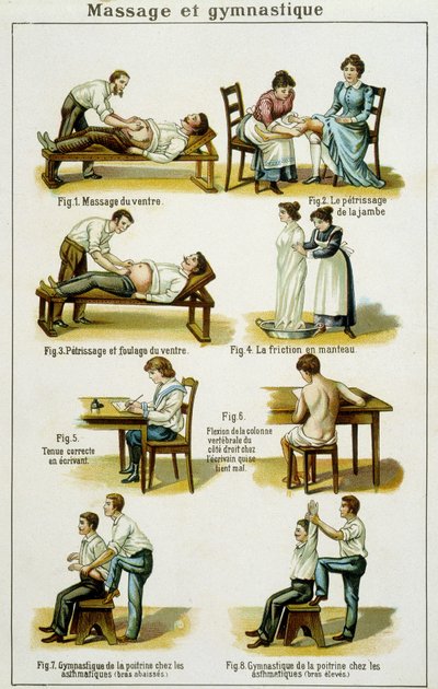 Medische plaat die massages en gymnastiek illustreert (trekt uit Bilz, natuurlijke medicatie) eind 19e eeuw door French School