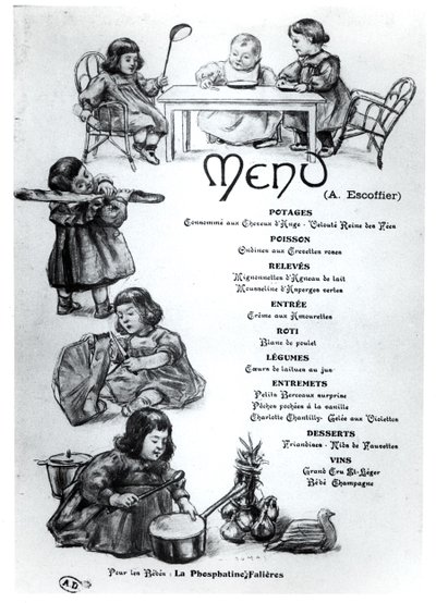 Menu gemaakt door Auguste Escoffier (1846-1935) voor Kinderen en Baby