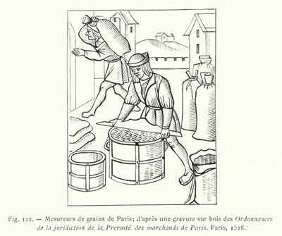 Graanmeters van Parijs; naar een houtsnede uit de Ordonnanties van de jurisdictie van de Prevoste van de kooplieden van Parijs, Parijs door French School