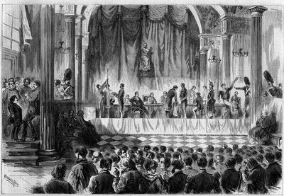 Militaire rekrutering: loting voor dienstplichtigen van 1858, in de Saint Jean-kamer van het stadhuis van Parijs. Gravure in "Le Monde Illustré" nr. 44 van 13 februari 1858. door French School