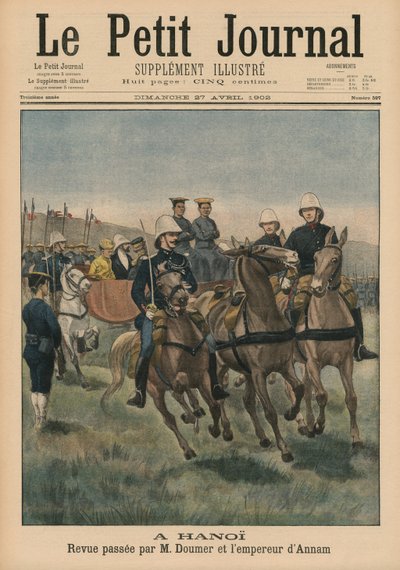Militaire parade door Paul Doumer, gouverneur-generaal van Frans Indochina, en keizer van Annam, Thanh Thai, in Hanoi, voorpagina illustratie uit Le Petit Journal, Supplement Illustre, 27 april 1902 door French School