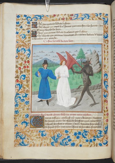 Miniatuur van een man met een beschermengel en een duivel, Sloane MS 3049 f. 27, ca. 1480 door French School