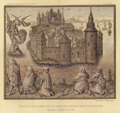 Wonder van een vrouw die door N-D werd gered van de zee bij Mont Saint-Michel (kleur litho) door French School