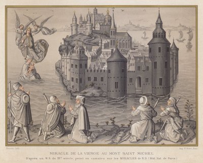 Wonder van de Maagd op de Mont Saint Michel, naar een MS uit de 15e eeuw, geschilderd in camaieu over de Wonderen van ND, Bibl Nat de Parijs door French School