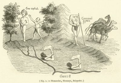 Monocules, Blemmys, Sciopodes (gravure) door French School