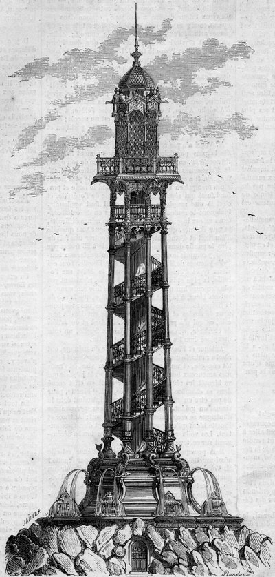 Monumentale kolom van de artesische bron van Passy door de Duitse ingenieur Charles Gosshelf Kind. Gravure in 