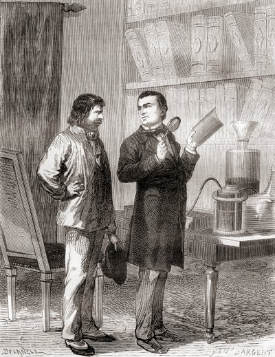 Moritz von Jacobi, rechts, ontdekt galvanoplastiek, of elektrotypen in 1838, uit Les Merveilles de la Science, gepubliceerd ca. 1870 door French School