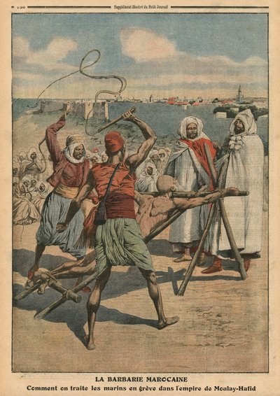 Marokkaanse wreedheid, hoe de stakende zeelieden worden behandeld, illustratie uit 