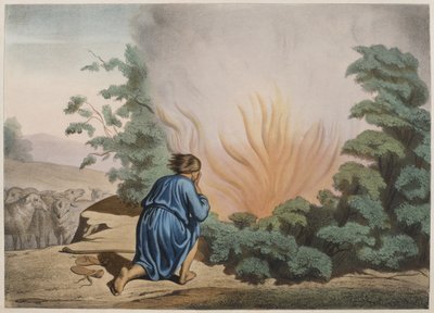 Mozes en de brandende braamstruik, illustratie uit een catechismus L