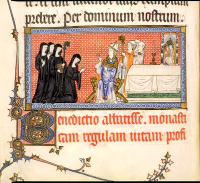 De Presentatie van een Abdis, uit het Metz Pontificale, geschreven voor Raymond Bar, Bisschop van Metz, 1302-16 door French School