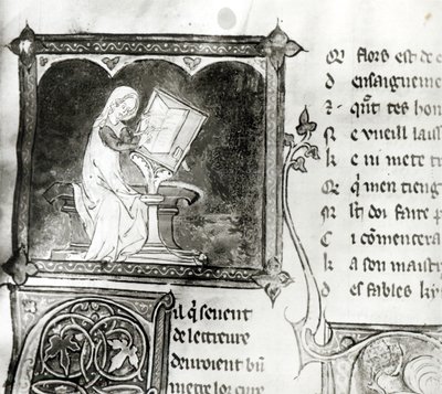 Marie de France (fl.12e eeuw) schrijvend, uit een Anthologie van Franse Gedichten, ca.1280-90 (detail) door French School