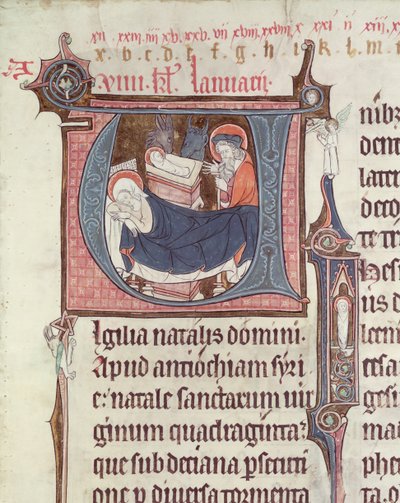 Ms.838 fol.55 Geïllustreerde initialen U en I die de Geboorte en het Kind Christus uitbeelden, uit Obituaire de Notre Dame de Pres, na 1270 door French School