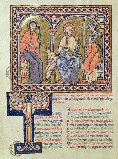Grammatica, dialect en retoriek uit Satyricon door Martianus Capella, ca. 1200 door French School