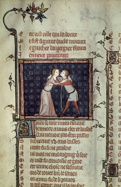 Ms 1126 fol.8r Jeugd en liefde omhelzen, uit Le Roman de la Rose door Guillaume de Loris en Jean de Meung door French School