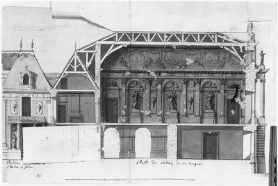 Ms 130736 Zuid-noord doorsnede van de Grand Salon en de Salle de Diane van het Kasteel van Versailles gebouwd door Louis Le Vau (1612-70) door French School
