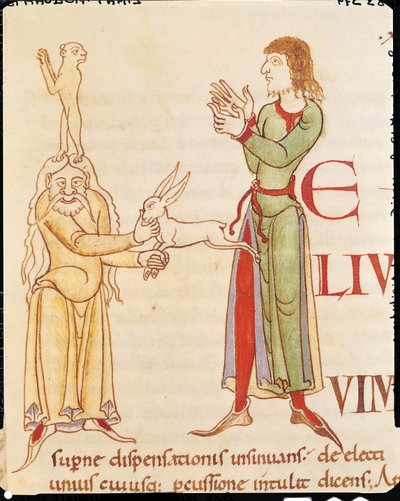 Initiaal H in de vorm van twee tovenaars, uit Moralia in Job door Paus Gregorius de Grote, Bourgondische School door French School