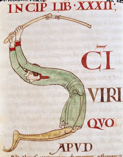Ms 173 fol.148r Geïllustreerde initiaal S met een man die aan het dorsen is, uit Moralia in Job door Paus Gregorius de Grote door French School