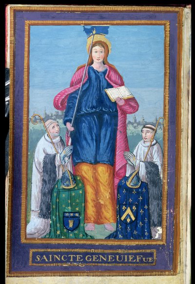 Afbeelding van St. Genevieve, uit een manuscript over het transport van haar relikwie, 1594 door French School