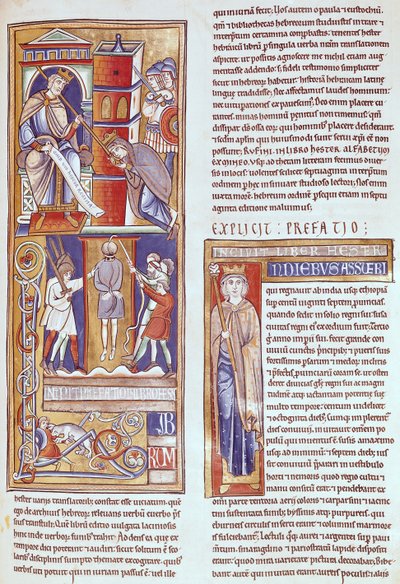 Ms 1 fol.284r Esther en Ahasveros en de ophanging van Haman, uit de Souvigny Bijbel door French School