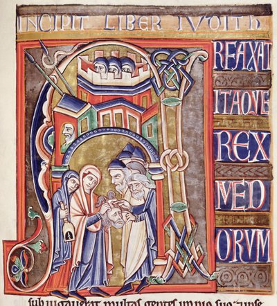 Ms 1 fol.292 Geïllustreerde initiaal die Judith met het hoofd van Holofernes afbeeldt, uit de Souvigny Bijbel door French School