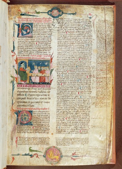 Ms. 2046 fol. 1 Instructiescène, eerste pagina van Aforismen door Hippocrates met commentaren door Galenus door French School