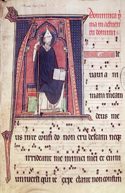 Ms 241 f.1 Geïllustreerde initiaal A met St. Gregorius, uit het Antifonarium voor de wijding van de Abdijkerk van Vauclair, 1257 door French School