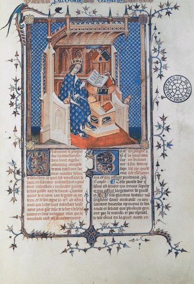 Karel V, de Wijze, koning van Frankrijk, uit John of Salisbury, Polycraticus, vertaald door Denis Foulechatis, c.1372 door French School