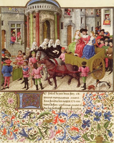 Ms 2617 Theseus maakt een triomfantelijke intocht in Athene, uit La Teseida, door Giovanni Boccaccio (1313-75) 1340-41 door French School