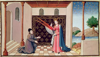 Ms 3045 fol.68v Dame Filosofie biedt Boëthius de vleugels aan die zijn geest in staat zullen stellen om omhoog te vliegen door French School