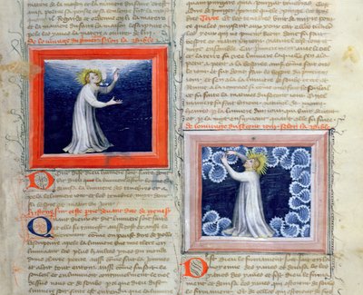 God scheidt het licht van de duisternis (links) en creëert het firmament (rechts), uit de Bijbel des Grands Augustins, 1494 door French School