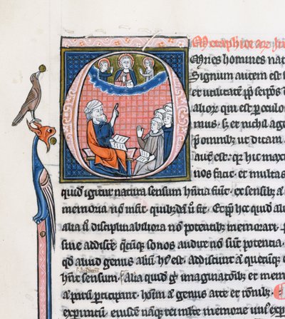 Ms 3458, gehistorieerde initiaal O die de oude Griekse filosoof Aristoteles afbeeldt, die een groep geestelijken uit West-Europa onderwijst en naar God in de hemel wijst door French School