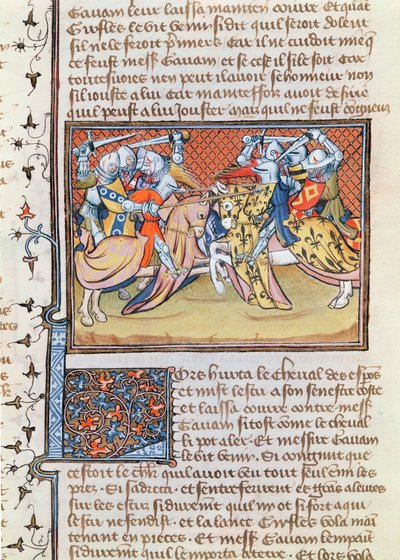 Ms 3479 t.1 fol.539 Wanneer de paarden botsen, uit het Livre de Messire Lancelot du Lac door French School