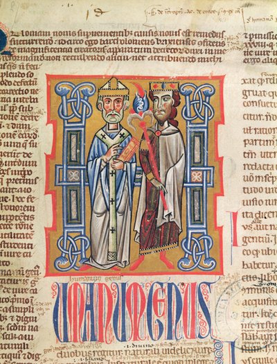 Ms 354 fol.9 Miniatuur van een bisschop en koning uit het Decretum Gratiani, 14e eeuw door French School