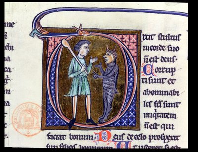 Historiated initiaal D die een man met de duivel afbeeldt, uit een Latijnse bijbel door French School