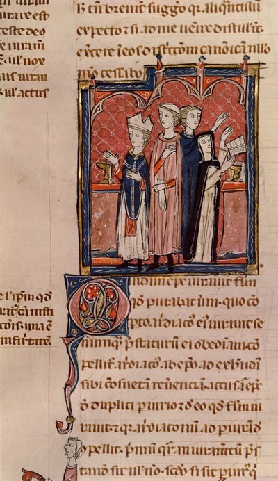 Ms 372 fol.59v Een non die haar geloften aflegt en een mis uitgevoerd door een bisschop, uit Decreten van Gratianus door French School