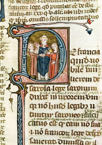 Ms 376 f.320 Geïllustreerde initiaal D die een priester toont die een huwelijk zegent, uit Les Gregoriennes door French School