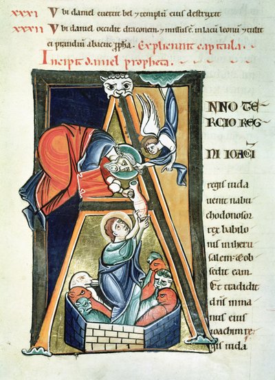 Versierde initiaal A met Daniel in de Leeuwenkuil, uit de Bijbel de Saint-Sulpice de Bourges door French School