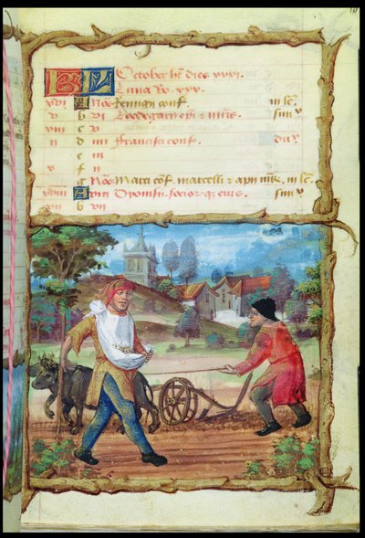 De maand oktober: ploegen en zaaien, uit een getijdenboek, 1490 door French School