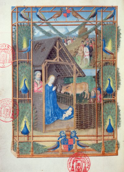Ms 473 De geboorte met pauwen, miniatuur uit de Heures de Charles de France, ca.1466-69 door French School