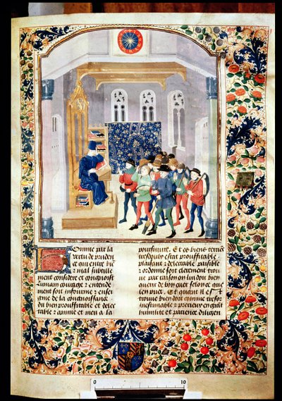 Ms 5064 fol.1r De auteur presenteert zijn boek aan de boeren, uit Livre des Prouffitz Champestres door Pietro de Crescenzi door French School