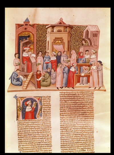 Ms 620 fol.173 Een les aan de universiteit en een gehistorieerde initiaal N met een meester, uit Novela Super Sexto door Jean Andre door French School