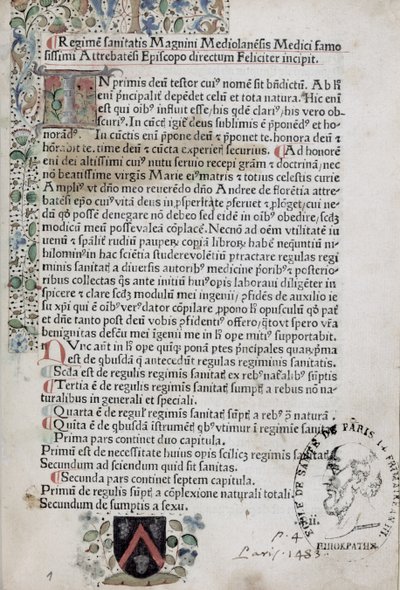 Eerste pagina uit Regimen Sanitatis, 1483 door French School